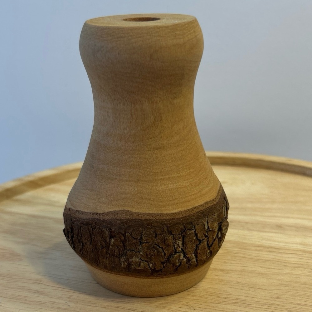 Handmade Live Edge Wood Bud Vase Turned Signed Natural Organic Rustic 5” Tall
